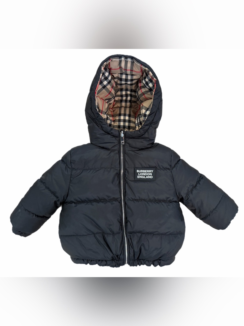 Burberry Reversible Black Baby Puffer Jacket with Signature Check Hood - Sz 12m